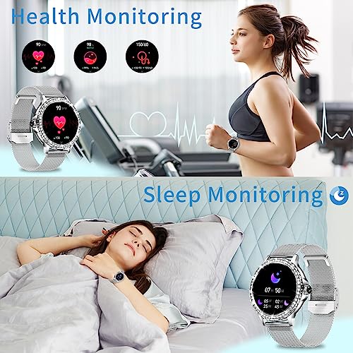 Efolen Smart Watches for Women with Diamonds (Answer/Make Call), 1.3'' Bluetooth Smartwatch for Android iOS, Waterproof Fitness Watch with Heart Rate/SpO2/Sleep/BP/AI Voice (Silver)