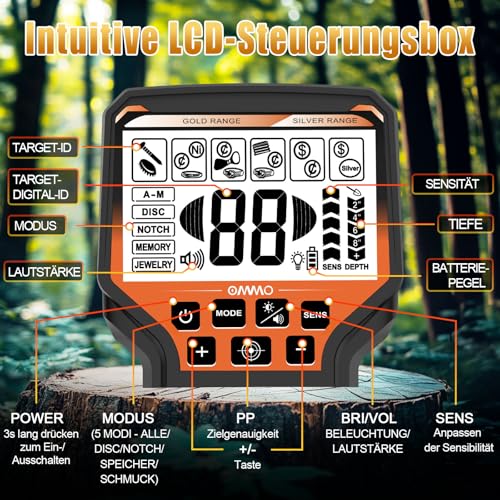 Type-C: OMMO Metal Detector for Adults, Rechargeable Metal Detector Professional Set, 6 Modes, 70-125 cm Adjustable Handle, IP68 10 Inch Waterproof Coil, High Accuracy, Outdoor Metal Detector