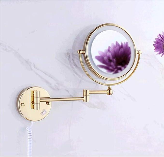 Tedamir - Espejo de baño de LED dorado 360 retráctil, acabado de pared