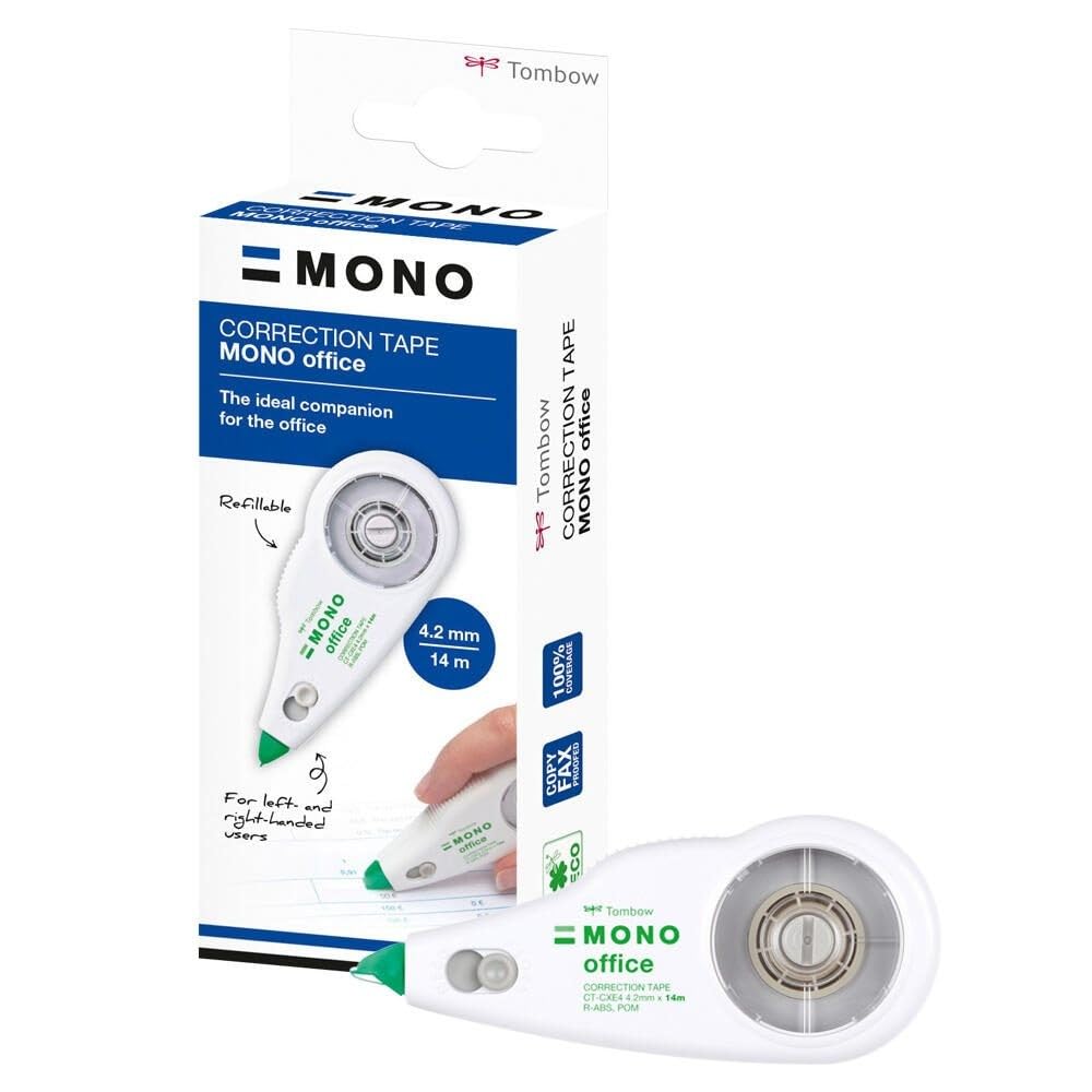 Tombow Mono Office Correction Roller, refillable, 4.2 mm x 14 m, Centred Correction for Left & Right-handers, 100% Recycled housing [CT-CXE4]