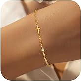 925 Sterling Silver Cross Bracelet for Women Mom Dainty 14K Gold Plated Non Tarnish Trendy CZ Horizontal Cross Bracelets Birthstone Sideway Crucifix Faith Charm Link Valentine Day Jewelry Gift for Her