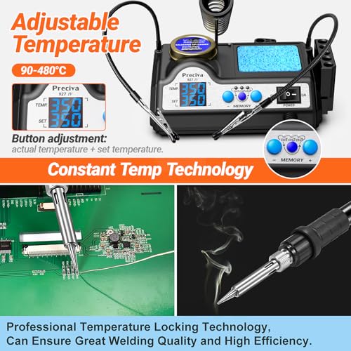 Preciva 927 IV Soldering Station Kit, 130W MAX Soldering Iron with 2 Helping Hands,Magnifying Glass,5 Extra Iron Tips,3 Preset Channels, Adjustable Temperature 194°F to 896°F