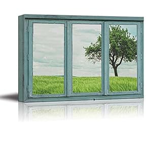 Canvas Wall Art - 3 Frame Window Overlooking a Green Field with a Single Lone Tree - Giclee Print Gallery Wrap Modern Home Art Ready to Hang - 24x36 inches