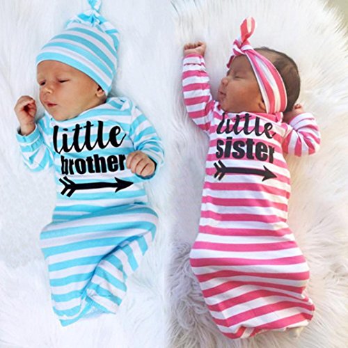 2Pcs Newborn Pajamas Gown Outfits Set Letter Stripe Long Sleeve Gown+Headband/Hat Sleeping Swaddle Wrap By Makaor (Size:Bust:50cm/19.7" Length:65cm/25.6", Blue) - Thumbnail 7