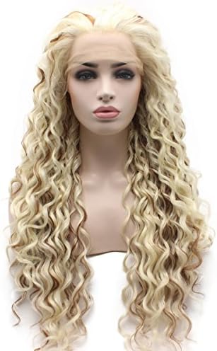 Iewig Long Curly Blond Auburn 2 Tones Wig for Women Synthetic Lace Front Wig