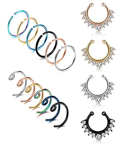 LOYALLOOK 20G 16PCS Stainless Steel Fake Septum Ring Nose Hoop Piercing Clicker Ring Septum Retainer Set Body jewelry Piercing