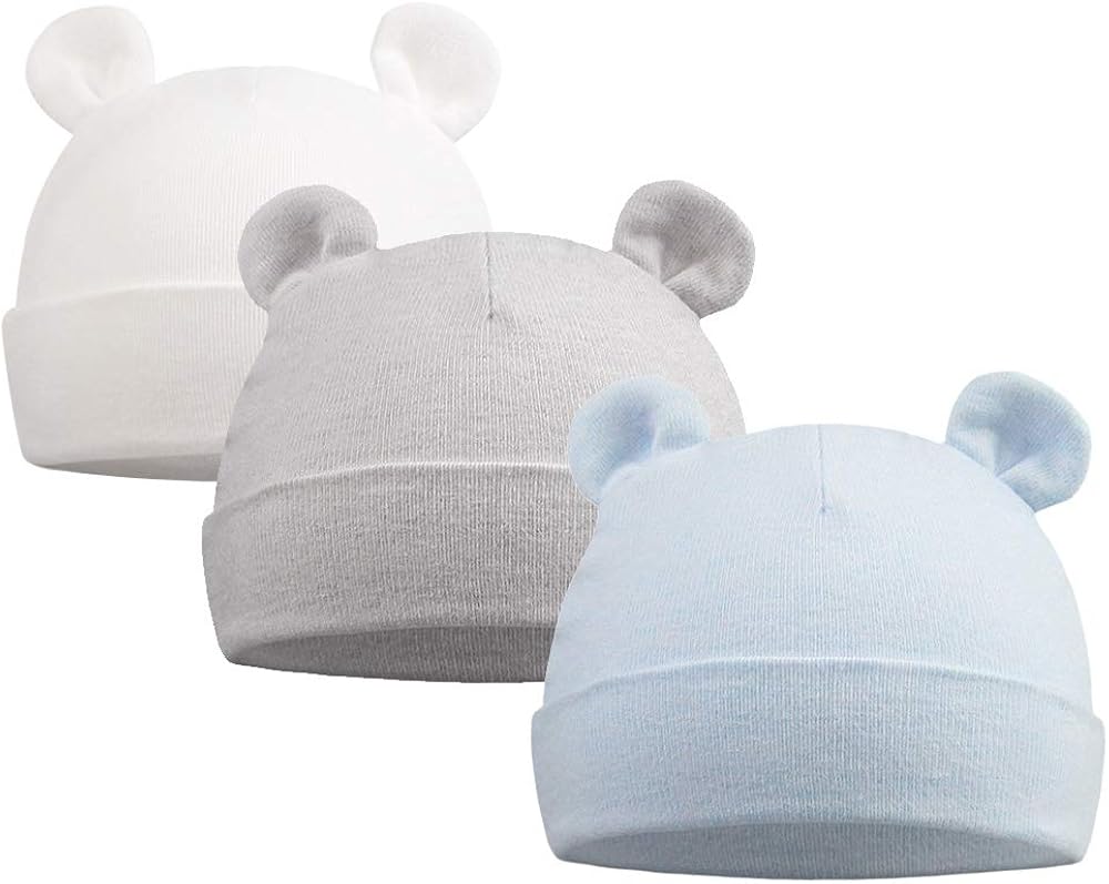 XIAOHAWANG Original Cotton Newborn Beanies Striped Cute Baby Hat for Boys Girls Bear Ears Infant Beanie (White+Blue+Gray+Green