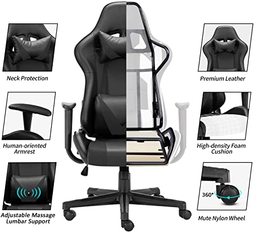 Gaming Chair Home Office Chair 180 Degree Reclining Height Adjustable with Massage Lumbar Support Headrest Armrest PU Leather Ergonomic Design Swiveling Chairs, Black