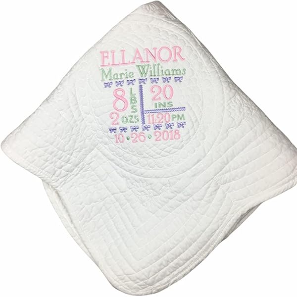 Heirloom Baby Quilt, Baby Girl Moon & Stars Personalized Birth Statistic Baby Quilt Keepsake