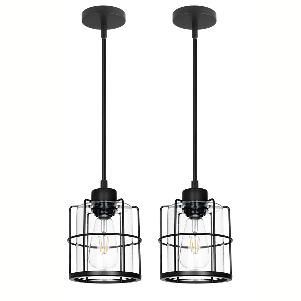 Photo 1 of Farmhouse Pendant Lights Kitchen Island Set Of 2, Black Kitchen Island Lighting With Adjustable Rods, Industrial Cage Bathroom Pendant Lights With Clear Glass For Dining Room Hallway Sink