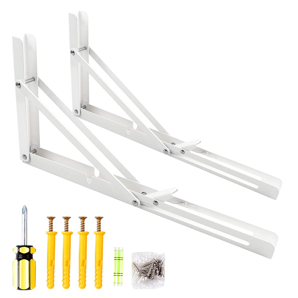 Oudtinx 2PCS Folding Shelf Brackets,Heavy Duty Triangle Shelf Bracket for Bench Table,Wall Mounted Standing Shelf Brackets for Saving Place,Multi Size 14" White