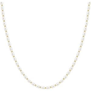EAMTI Freshwater Cultured Pearl Necklace for Women, 3-4mm Pearl Strand Choker with 14K Gold Plated Station Beads, Dainty Bead