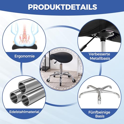 ANWBROAD WSS001B Saddle Stool with Wheels 360° Swivel Stool Silent Wheels Height Adjustable Roll Stool up to 205 kg Ergonomic Thick Leather Wide Seat for Beauty Salons, Salons, Spa and Clinics Black