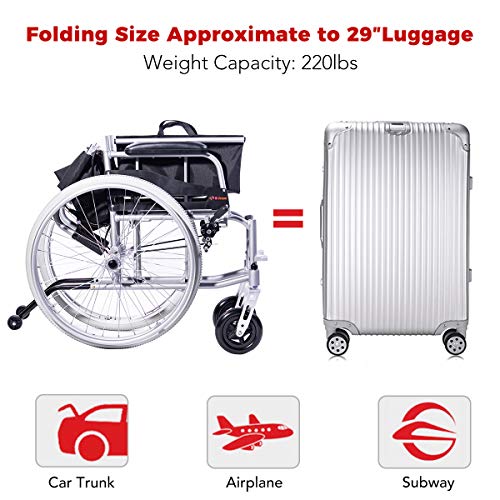 Hi-Fortune Wheelchair 21lbs Lightweight Self-propelled Manual Wheelchairs for Adults with Cushion and Travel Bag, Portable and Folding, 17.5" Seat, Red