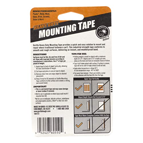 Gorilla Heavy Duty Double Sided Mounting Tape, Weatherproof, 1" x 60", Black, (Pack of 2