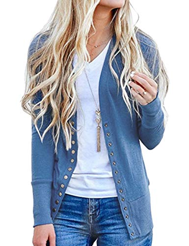 Weilim Women's V-Neck Button Down Knitwear Long Sleeve Casual Cardigans Sweater (X-Large/US 16-18, Blue)