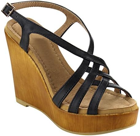 Atrevida Women Daring Patent Leather Platform Wooden Look Wedges Platform Wedge Heel Sandals (9, Black)