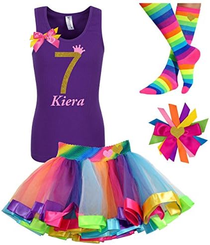 7th Birthday Shirt Rainbow Tutu Girls Party Outfit 4PC Gift Set Personalized Name Age 7