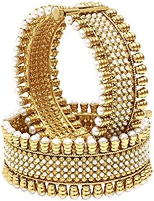 Traditional Indian Gold plated pearl Broad Kada Bangle set pair for women Wedding Bridal jewelry (2.4)