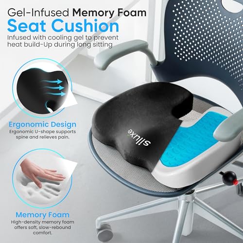 Siluxe Premium Gel-Infused Memory Foam Coccyx Seat Cushion – Orthopedic Tailbone & Sciatica Pain Relief Pillow for Office Chair, Car, Home & Wheelchair – Pressure Relief Chair Pad (Black)