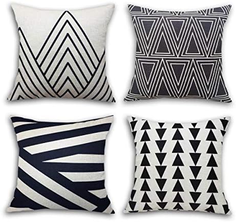 Multiart Set of 4 Decorative Throw Pillow Covers, Black Beige Modern Geometric Square Pillow Case, Cushion Cover 18 x 18inch, Linen/Cotton