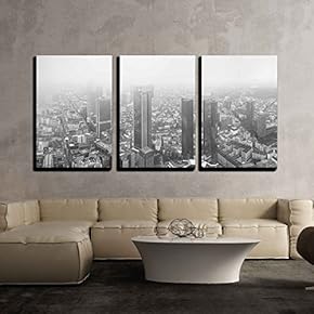 3 Piece Canvas Wall Art - View European City Frankfurt Am Main Skyscrapers - Modern Home Art Stretched and Framed Ready to Hang - 16"x24"x3 Panels