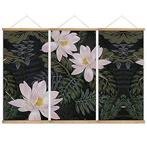 Hanging Poster NO Magnetic Wooden Framed,Green Leaves,Beautiful Flowers Home Wall Canvas Prints Decoration Ready to Hang - 18"x36"x3 Panels