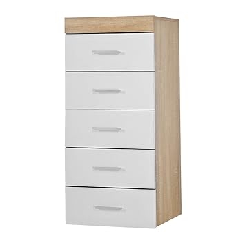 Weibo White Sonoma Oak Effect Tall Boy 5 Drawer Narrow Chest Of