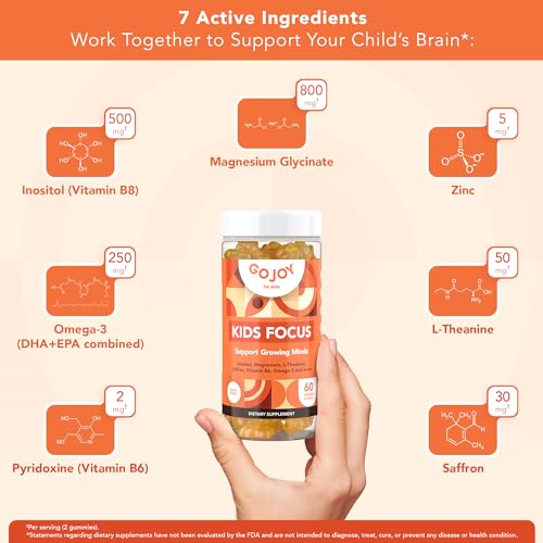 GOJOY NATURALS Kids Focus Gummies – Saffron, Magnesium Glycinate, L-Theanine & Inositol Supplement for Kids & Teens – Focus, Attention & Calm – Vegan, Sugar-Free, Non-GMO