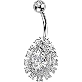 Pierced Owl 14GA 316L Stainless Steel CZ Crystal Lined Teardrop Shaped Belly Button Ring