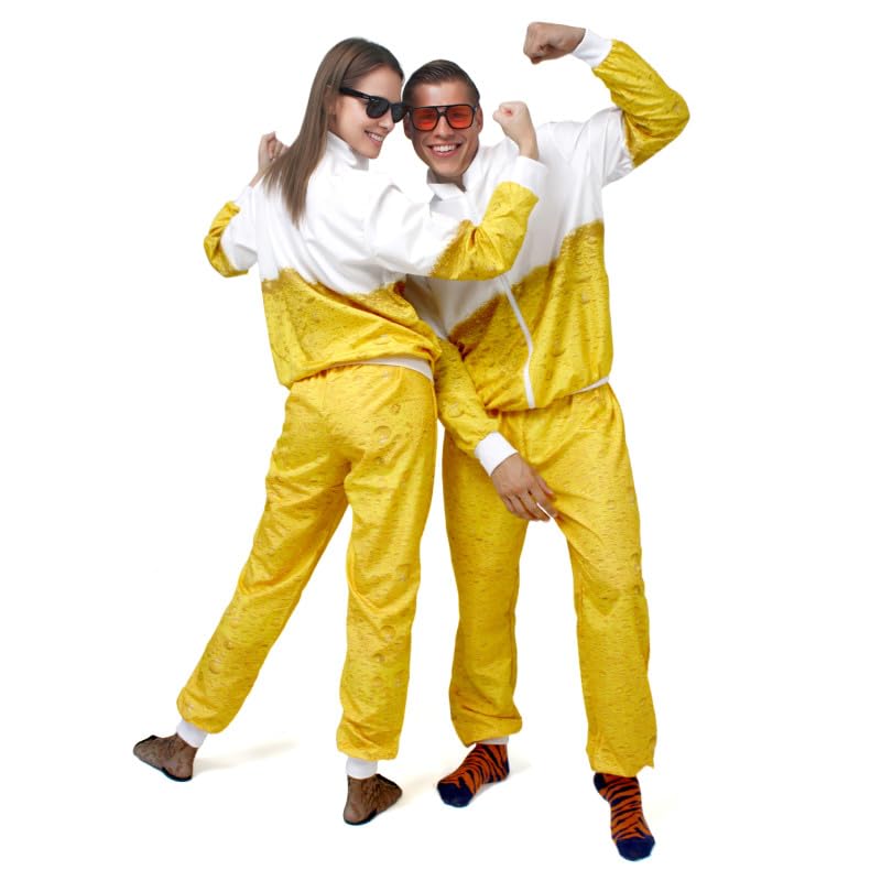 korifejus Beer Suit 80s Retro Costume Tracksuit, Men's Jogging Suit for Oktoberfest, Theme Party, Carnival, Vintage Party Outfit, White / Yellow, L-XL