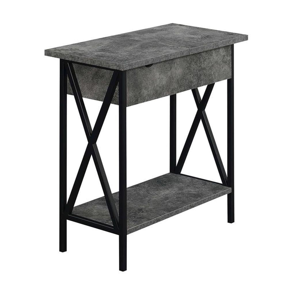 Convenience Concepts Tucson Flip Top End Table with Charging Station 23.75" - Modern Living Room Table with Storage Shelf, Side Table Side Table, Cement/Black Image
