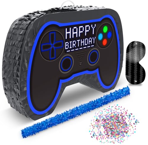 Jergrim Blue Video Game Controller Piñata (Small Stick Included) 17”x11”x 3” Perfect for Birthday Gamer Parties, Party Decor, Gaming theme parties and other Decorations