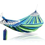 Rusee Double 2 Person Cotton Fabric Canvas Travel Hammocks 450lbs Ultralight Camping Hammock Portable Beach Swing Bed with Hardwood Spreader Bar Tree Hanging Suspended Outdoor Indoor Bed