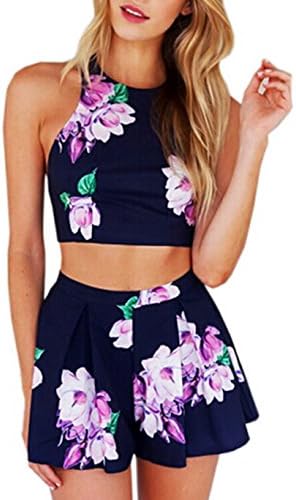 Women Floral Print Two Pieces Outfit Bohemian Crop Top and Shorts Sexy Halter Backless Playsuit (L, blue)