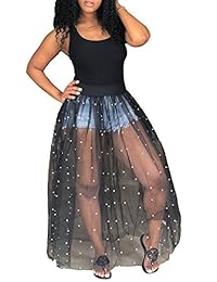 Fadvanes - Camiseta sin mangas para mujer con cuentas de malla transparente