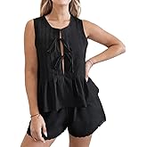 Sotimoon Womens Summer Short Sets 2 Piece Outfits Pleated Front Tie Tank Top and Shorts Cotton Pajamas Set