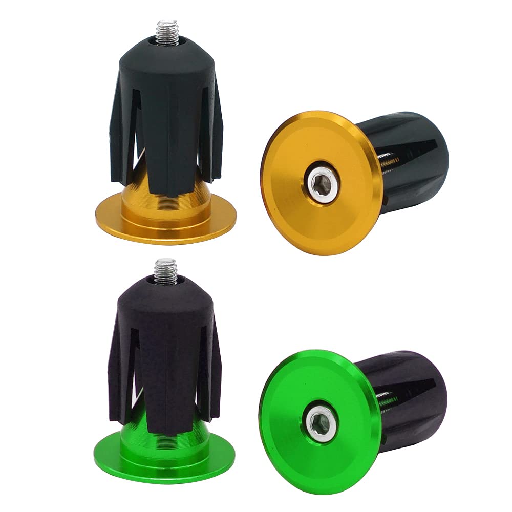 QitinDasen 2 Pairs Bike Handlebar End Plugs, Aluminum Bicycle Bar End Caps, for Road Bike, MTB, BMX (Golden + Green)