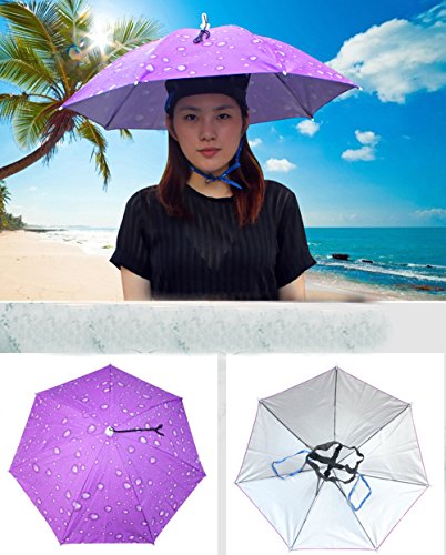 Folding Umbrella Hat Headwear 30.3" ,Hands Free Sunshade Double Layer Protection Anti-UV Parasol for Golf, Traveling, Fishing, Gardening, Beach, Camping, Raining,Party (Purple-Raindrops, 30.3inch)