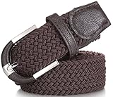 Marino Braided Stretch Belt - Fabric Woven Belt - Casual Weave Elastic Belt for Men and Women - PU Leather Loop and End Tip - Brown - M
