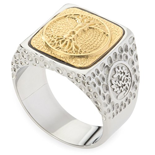 GESTALT COUTURE Unique Tree of Life Signet Ring. Platinum Style Surgical Stainless Steel with 18kt Gold Plating. RSS24TOL85