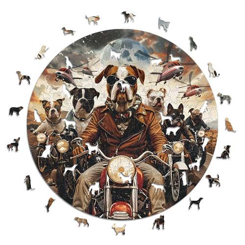 Iconic Puzzles - Motorcyclist Dogs, fantasy animals, 100% sustainable wooden puzzle, Gifts for Children and Adults, size M, 350 Pieces