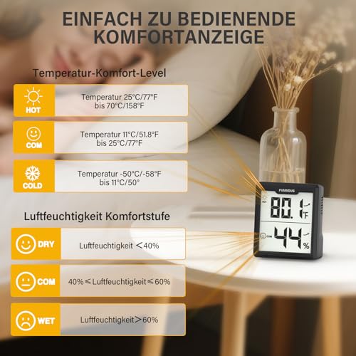FUMMDUS Pack of 3 Digital Thermometer Hygrometer Indoor with Batteries AAA Temperature and Humidity Meter Indoor with Comfort Symbol Room Climate Meter for Greenhouse Wine Cellar (Black)
