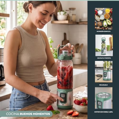 JadeCook Licuadora Portátil Recargable Jade Electro con Vaso de 750 ml, Doble Aspa, para Smoothies y Jugos, Tritura Hielo, Mezcla y Bate, Color Verde