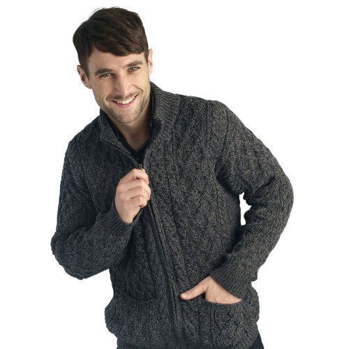  West End Knitwear Mens Merino Wool Full Zip Aran Sweater