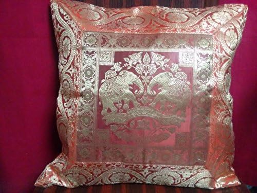 Rajasthankrafts Exotic Indian Ethnic Banarasi Brocade Zari Chanderi Silk tangey mehroon elephent design Decorative Pillow Cushion Cover approx Size 18 X 18 Inches