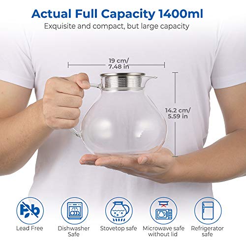 ecooe 1400ml Einfach Glas Teekanne mit 18/8 Silberne Edelstahl 2 in 1 Teesieb Deckel Borosilicate Glas Teebereiter Geeignet für Kalte und HeiÃe Getränke Offenem Feuer Herd Teewarmer – Bild 4