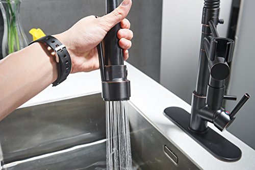 BWE Modern Oil Rubbed Bronze Commercial Pull Down Two Handle Kitchen Sink Faucet with Swivel Pull Out High Pressure Lock Sprayer Commercial Pre Rinse Faucet