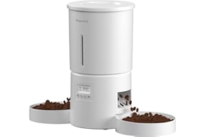 MIAOSICAL Dual Automatic Cat Feeder 2 Cats,6 Meals/Day,12 Portions/Meal,4.2L Dual Power Double Bowls Feeder,Dry Food Auto Pet Dispenser,10S Voice Record,Flexible Schedule Timer (White,Basic Dual Bowls)
