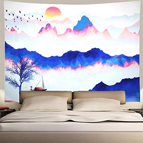 Heopapin Landscape Tapestry Ink Chinese Landscape Painting Tapestry Nature Mountain with Sunrise Scenery Tapestry Watercolor Fishing Tapestry for Livingroom Bedroom Dorm Home Decor(W78.7×H59.1)